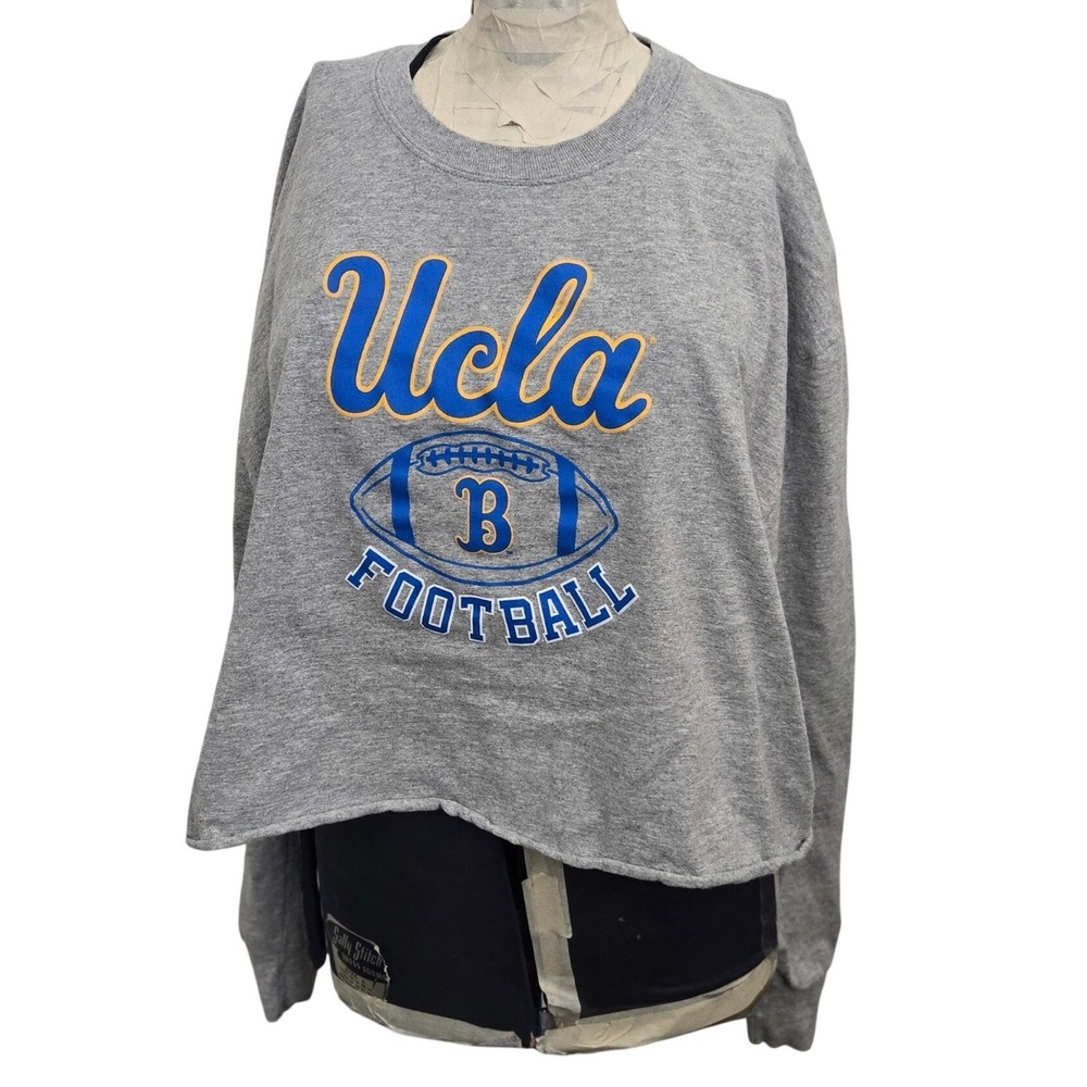 Champion UCLA Football Cropped Sweatshirt Women's Large Grey Raw Hem Reworked